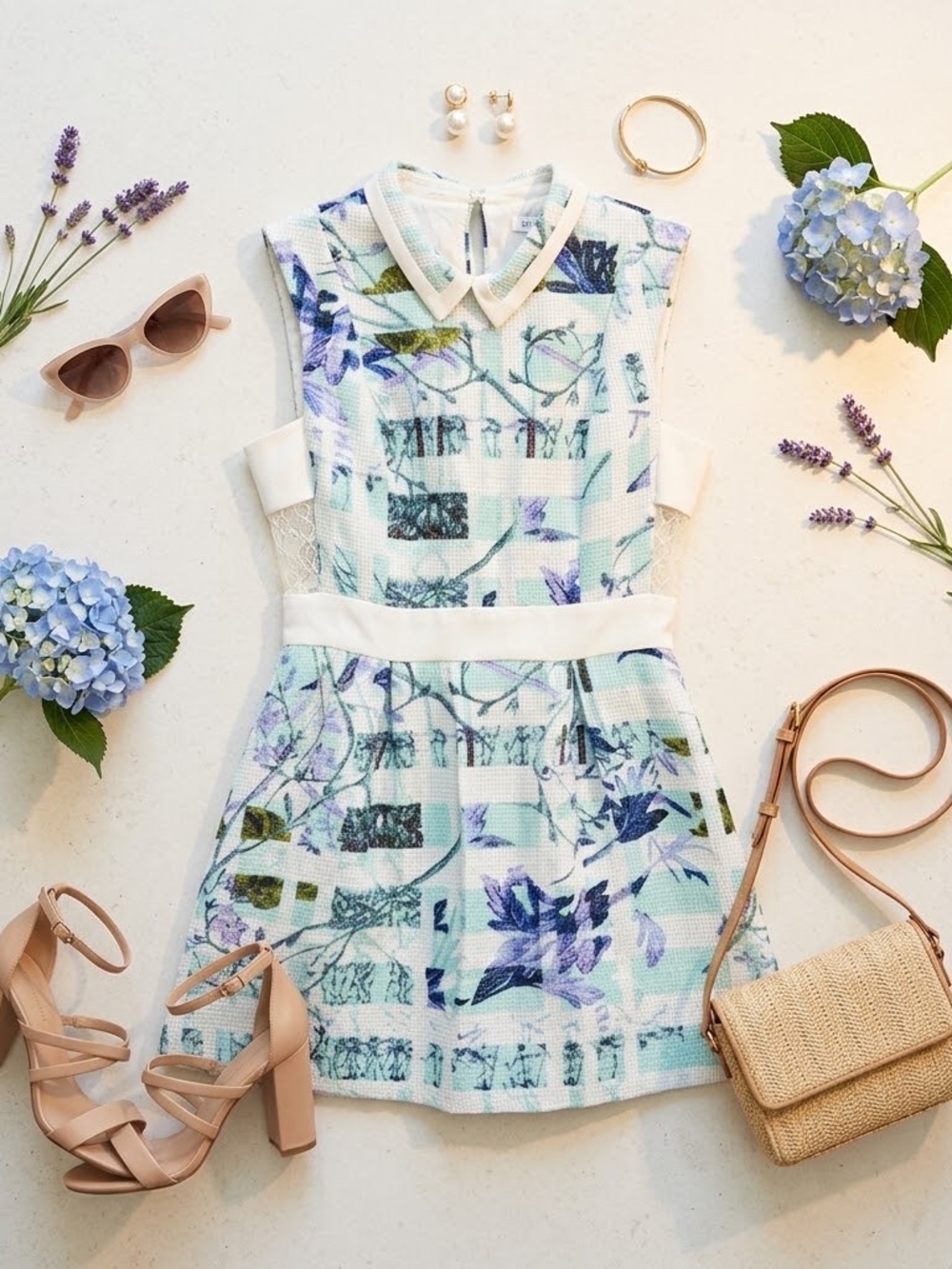 BCBGeneration Blue Floral Windowpane Tweed Collared Fit & Flare Mini Dress 8 NWT